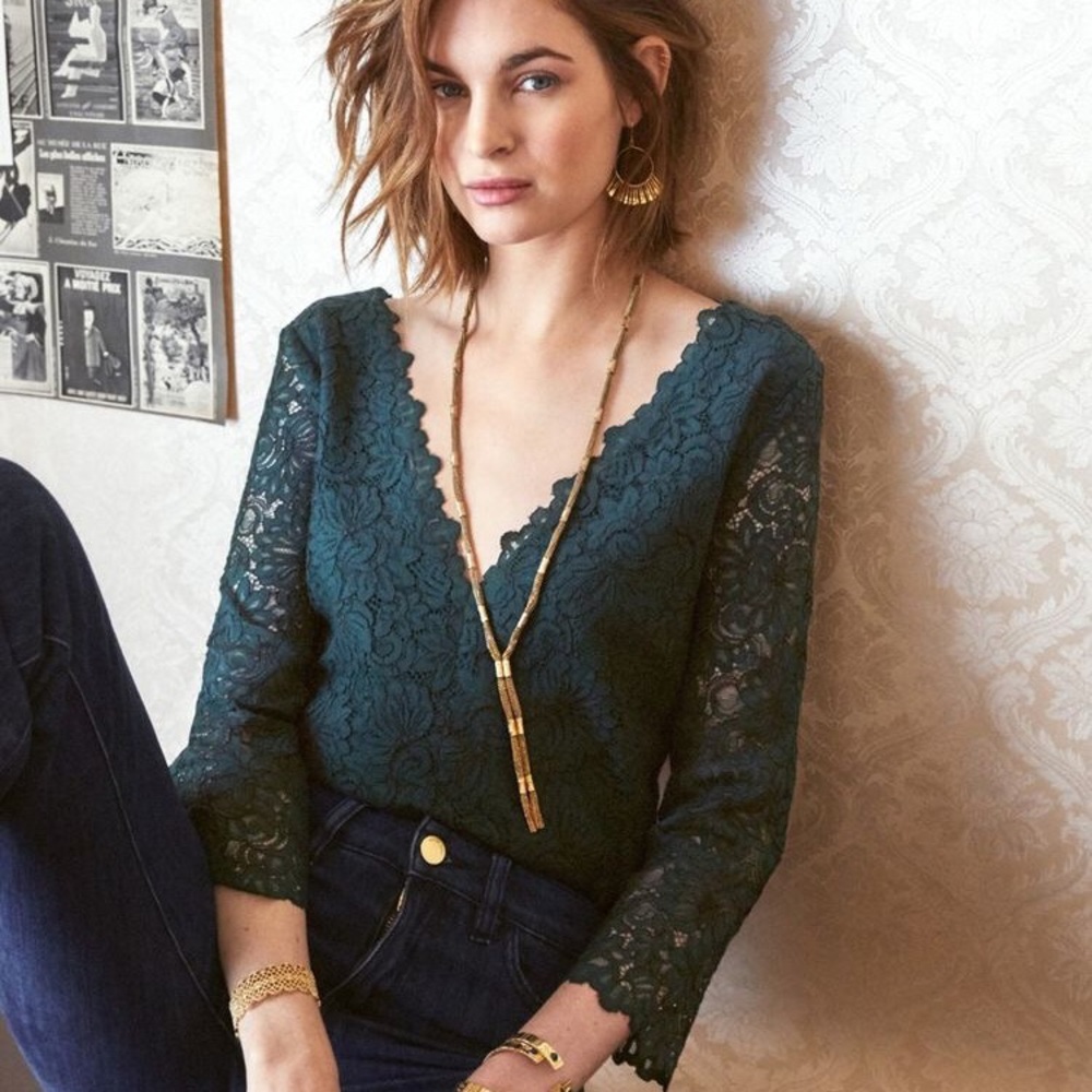 Sézane Dina Blouse Green Lace V-neck Sz 40 (US 8)